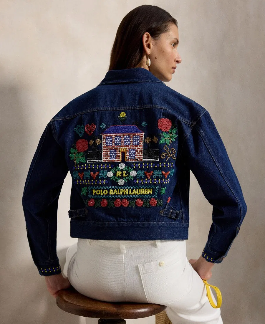 Женская куртка-джинсовка с воротником и бусинами, модель Spread Collar Beaded Denim Trucker Jacket Polo Ralph Lauren, Napola Wash — фото 4