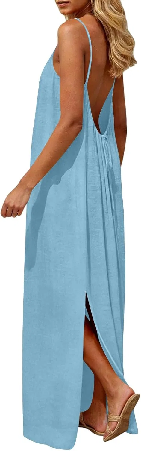 Женское летнее платье с открытой спиной на бретелях, Light Blue — фото 4