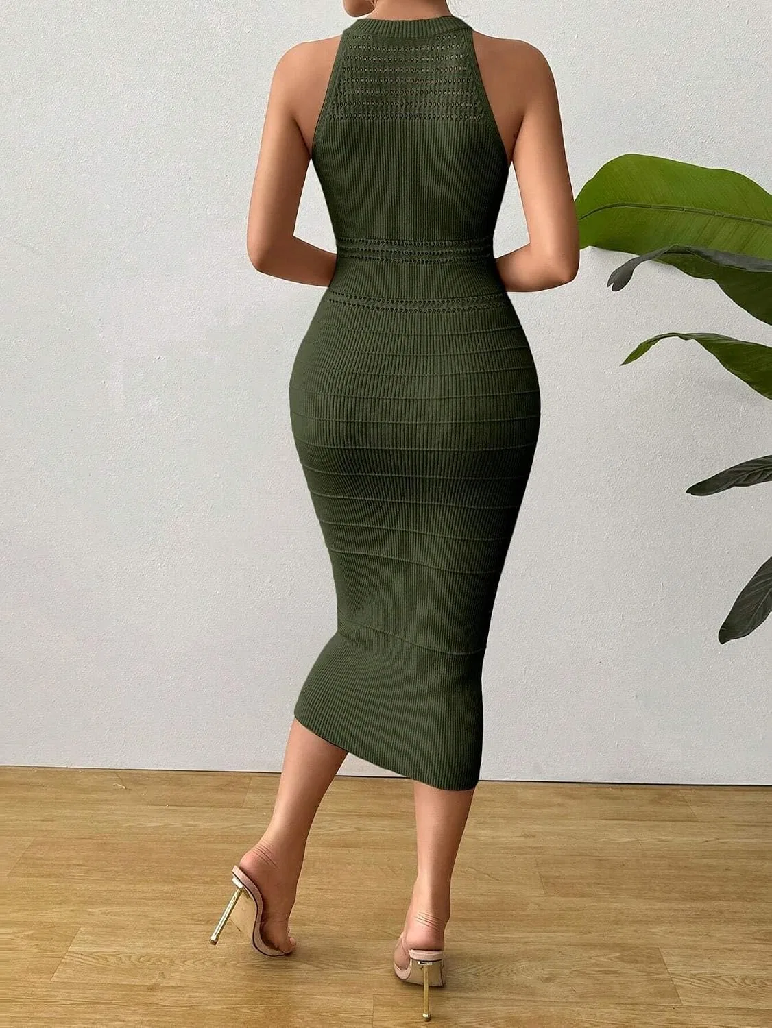 Женское платье-свитер миди без рукавов с вырезами Generic, Army Green — фото 3