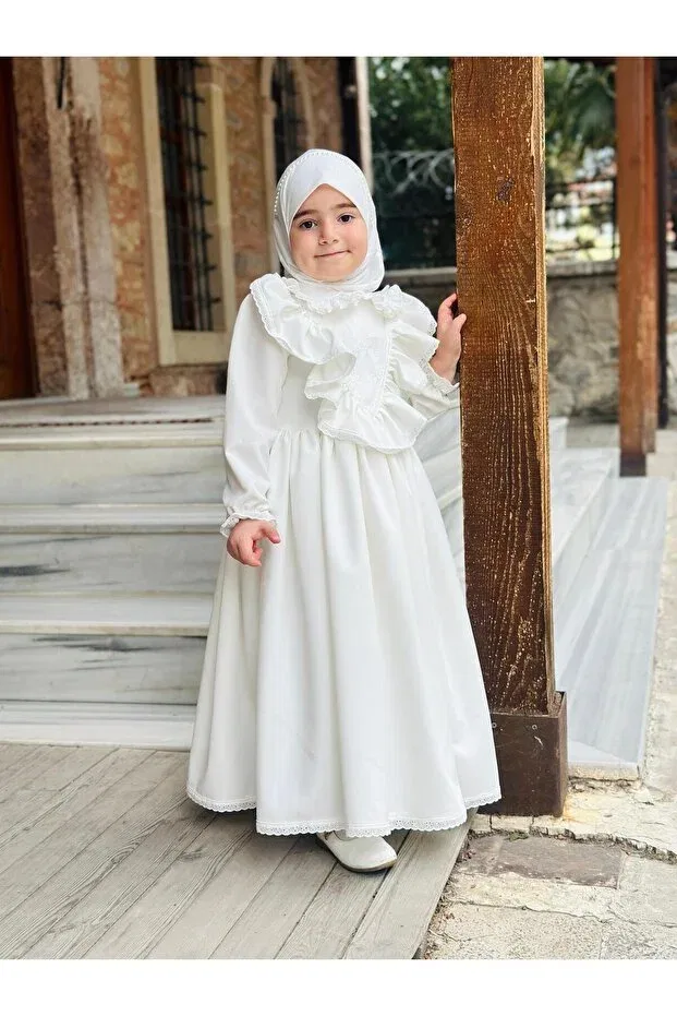 Детское платье для девочек с длинным рукавом Ayperi hijab dress Linarookids, White — фото 2