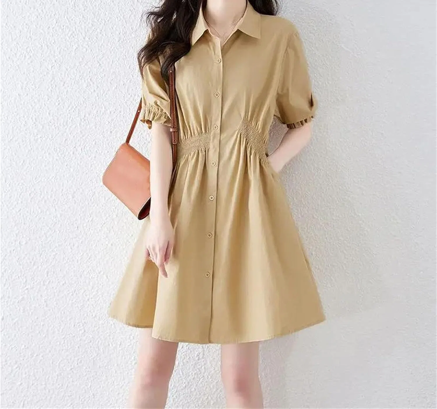 Женское короткое платье А-силуэта с пуговицами Generic, Khaki — фото 2