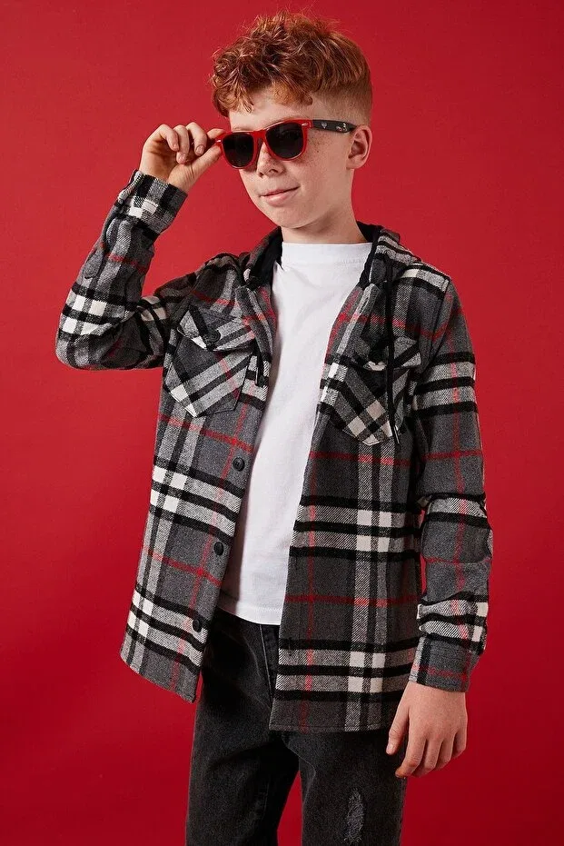 Детская рубашка для мальчиков с длинным рукавом Hooded double pocket plaid lumberjack shirt Lela, Anthracite