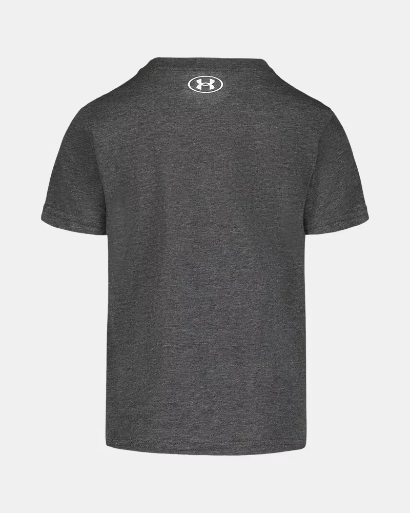 Футболка для мальчиков с коротким рукавом, влагоотводящая, модель UA Puff Chrome Logo UnderArmour, Downpour Gray/Team Royal — фото 3