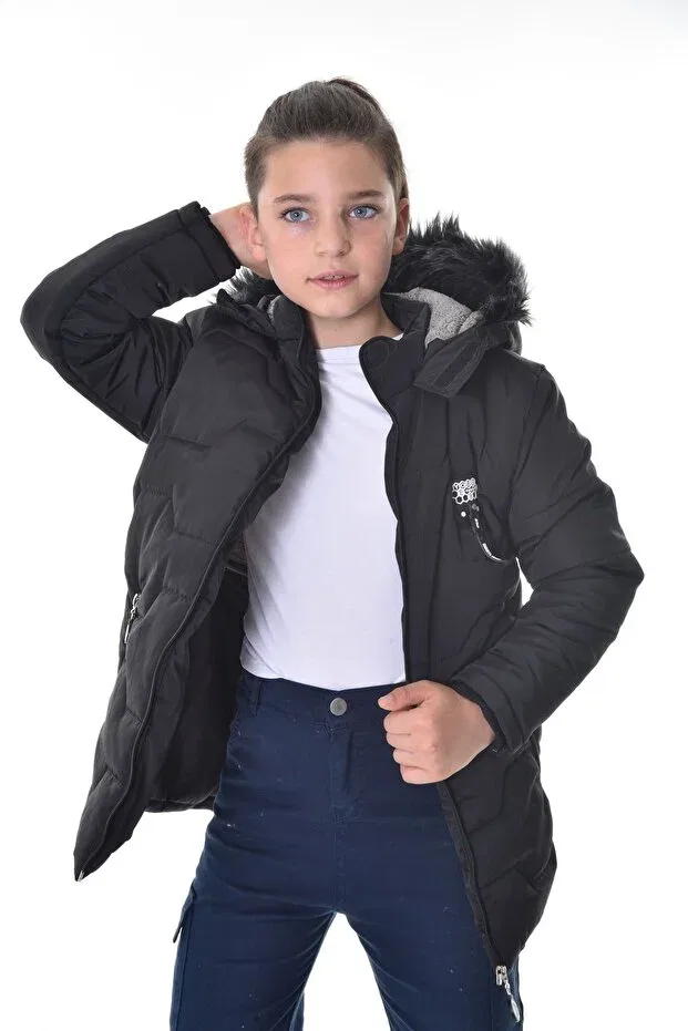 Детский пуховик с капюшоном и меховым воротником Öfi Kids, Black — фото 2