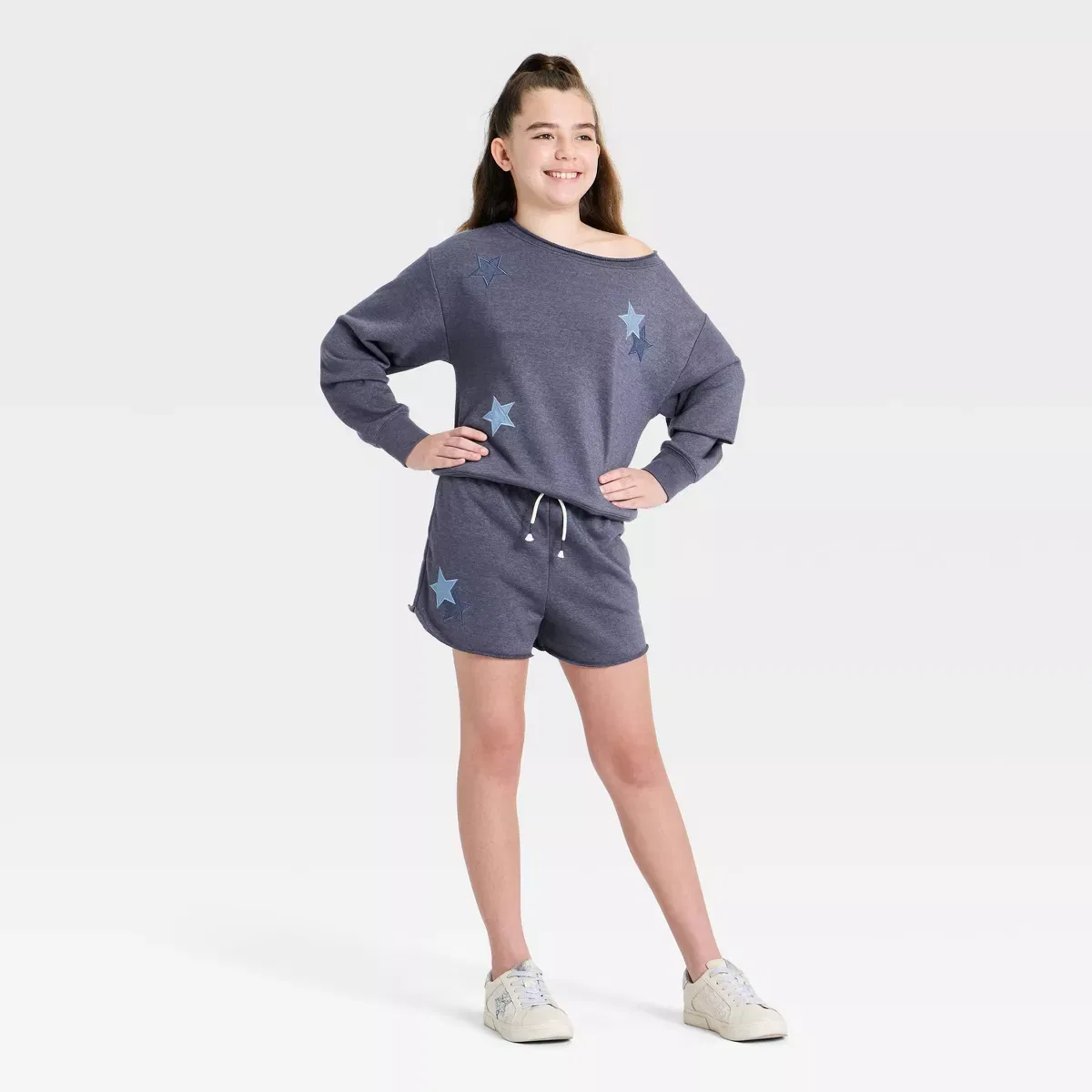 Детские шорты для девочек из футера с принтом USA GIRLS ART CLASS, Navy Blue — фото 4