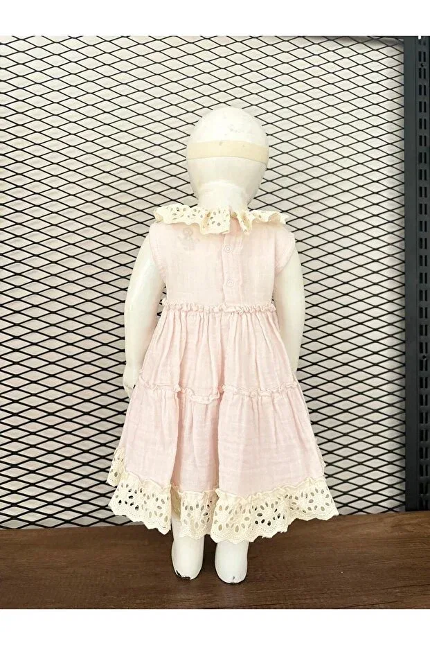 Детское платье для девочек с кружевом Muslin fisto collar bandaned baby girl dress Mutir, Pink — фото 4