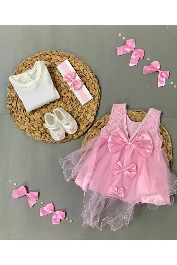Детское платье для девочек с коротким рукавом Pompom baby girl newborn gift mevlüt dress Petite Ponpon Baby, Pink — фото 4