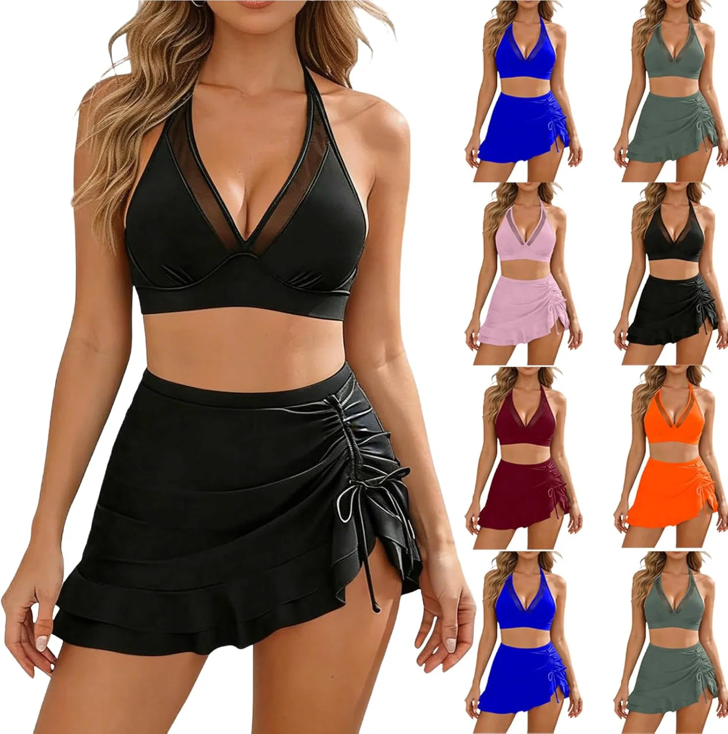 Женский бикини-комплект с юбкой Halter Top Ruched Skirted, Black