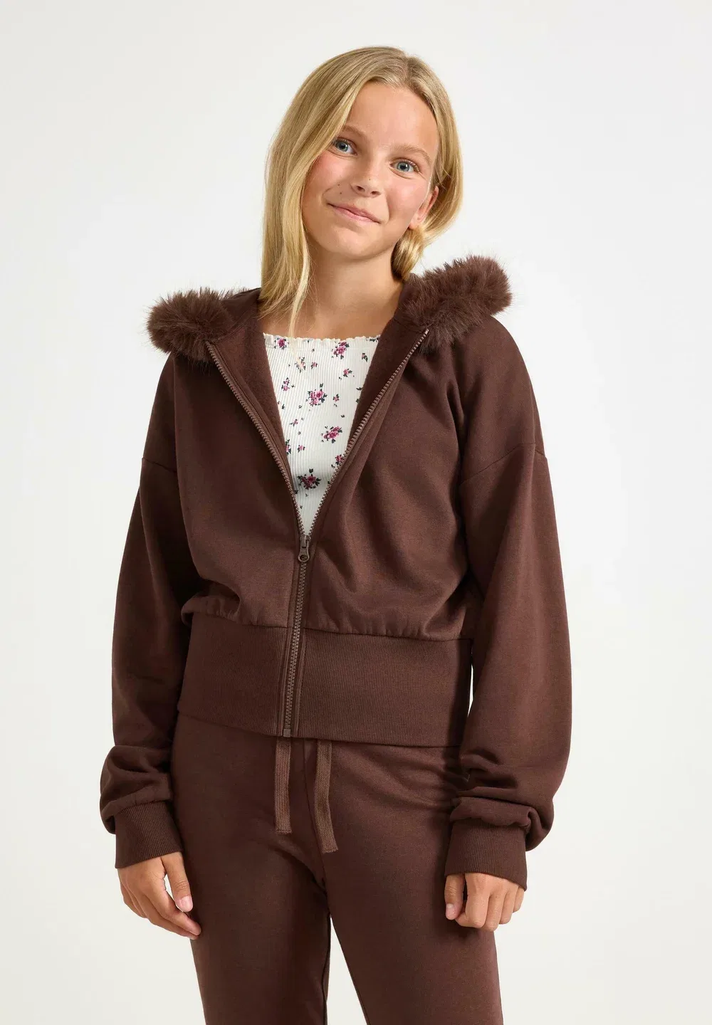 Толстовка с капюшоном и искусственным мехом на молнии Lindex, Dark Brown