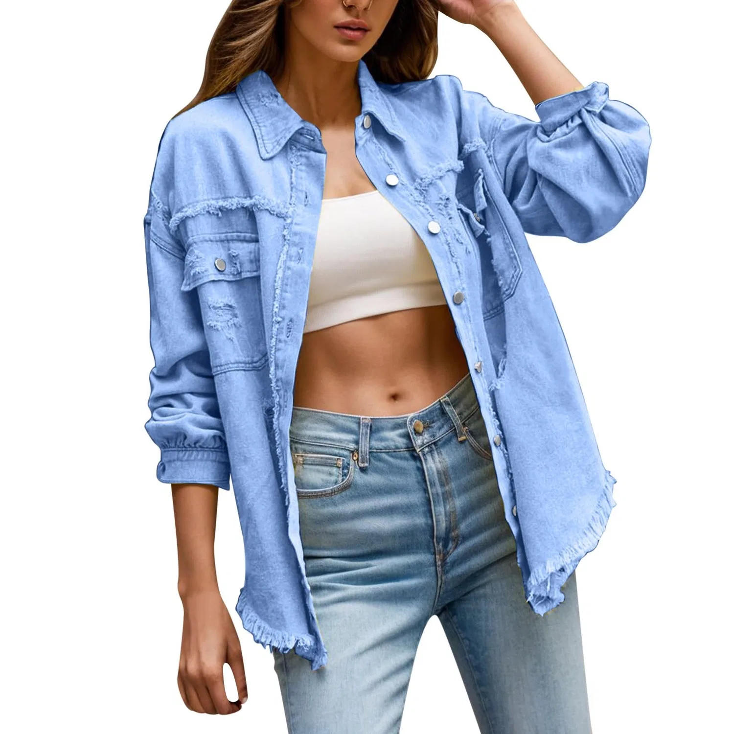 Женское джинсовое пальто оверсайз с рваными деталями, модель Boyfriend Ethnic, Cielo Blu — фото 4