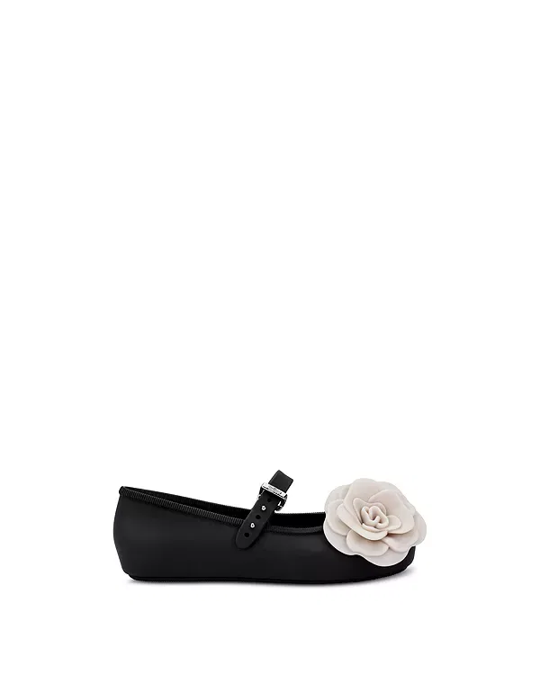 Детские балетки для девочек с цветочным украшением Mini Melissa, Black/Beige — фото 4