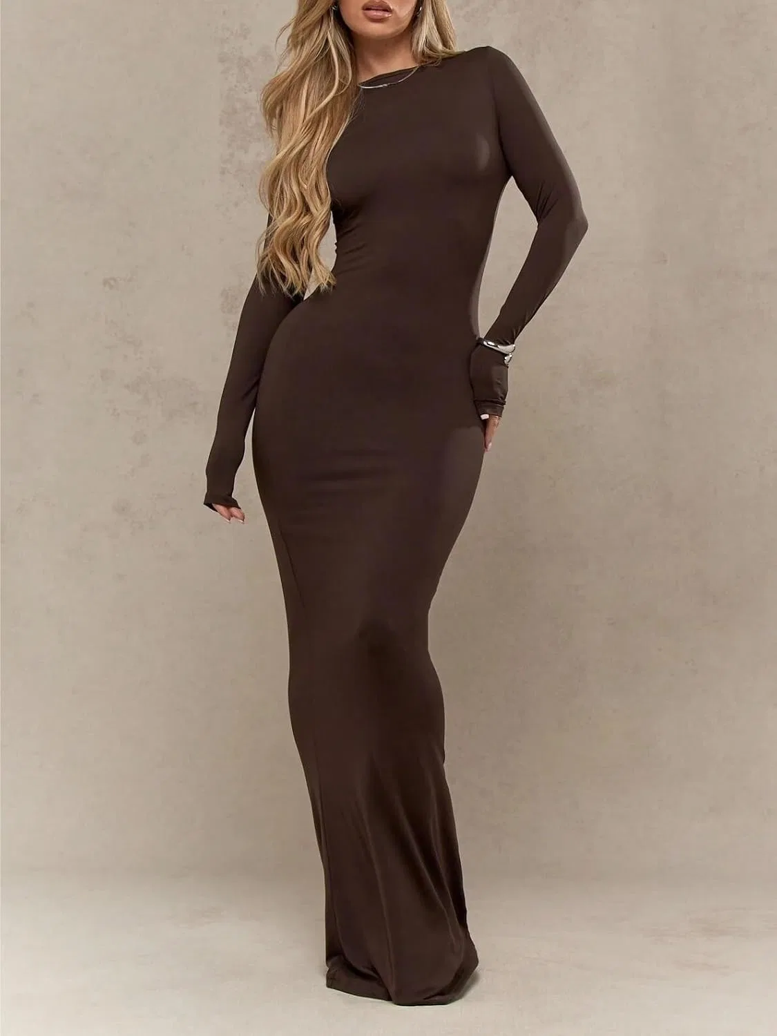 Женское облегающее макси-платье с длинным рукавом, Coffee Brown — фото 2