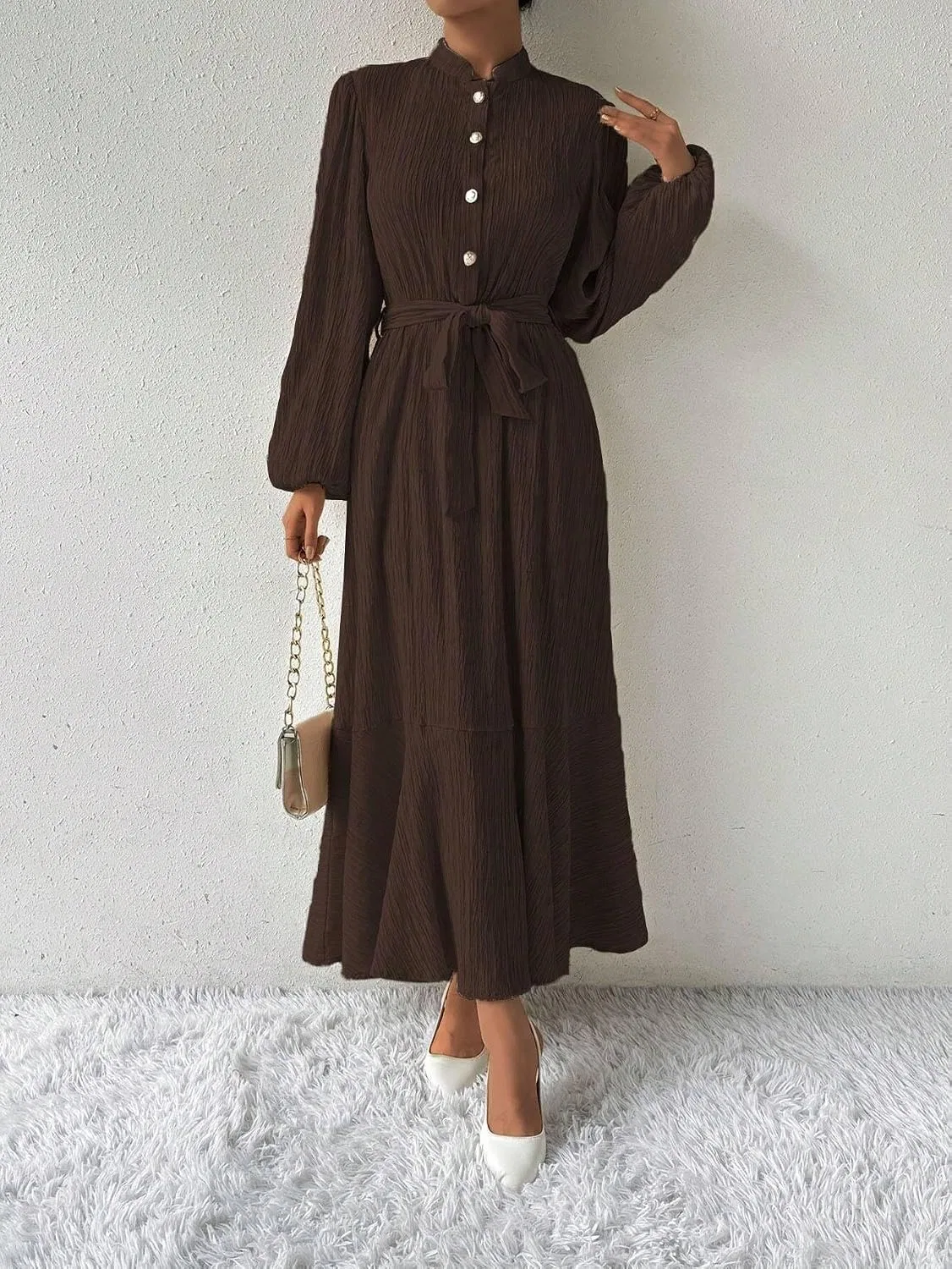 Женское платье-рубашка с поясом длинное Casual, Brown — фото 4