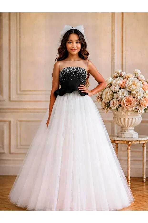 Детское платье для девочек без рукавов Girl'S pearls tulle evening dress wedding dress with trailing, buckle included dress - wedding, prom and special occasion dress By Feyza Kids Collection, Black