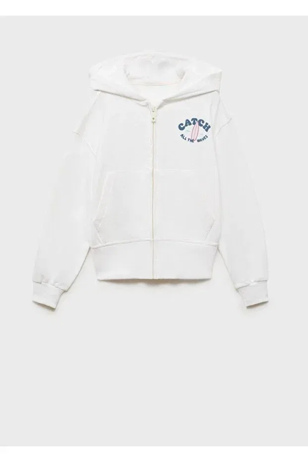 Детское худи для девочек с принтом Hooded print message sweatshirt Mango Kids, Off White