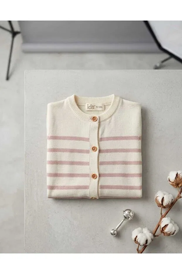Детский кардиган для девочек с полоской Lila triko baby cardigan Ida Triko, Ecru-Pink — фото 3