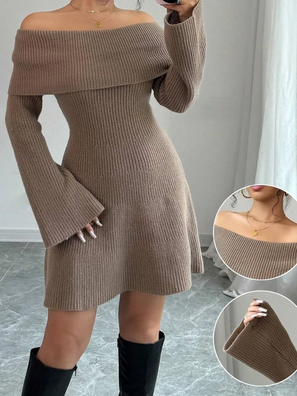 Женское мини-платье с длинным рукавом офф-плечо Knit, Brown — фото 4