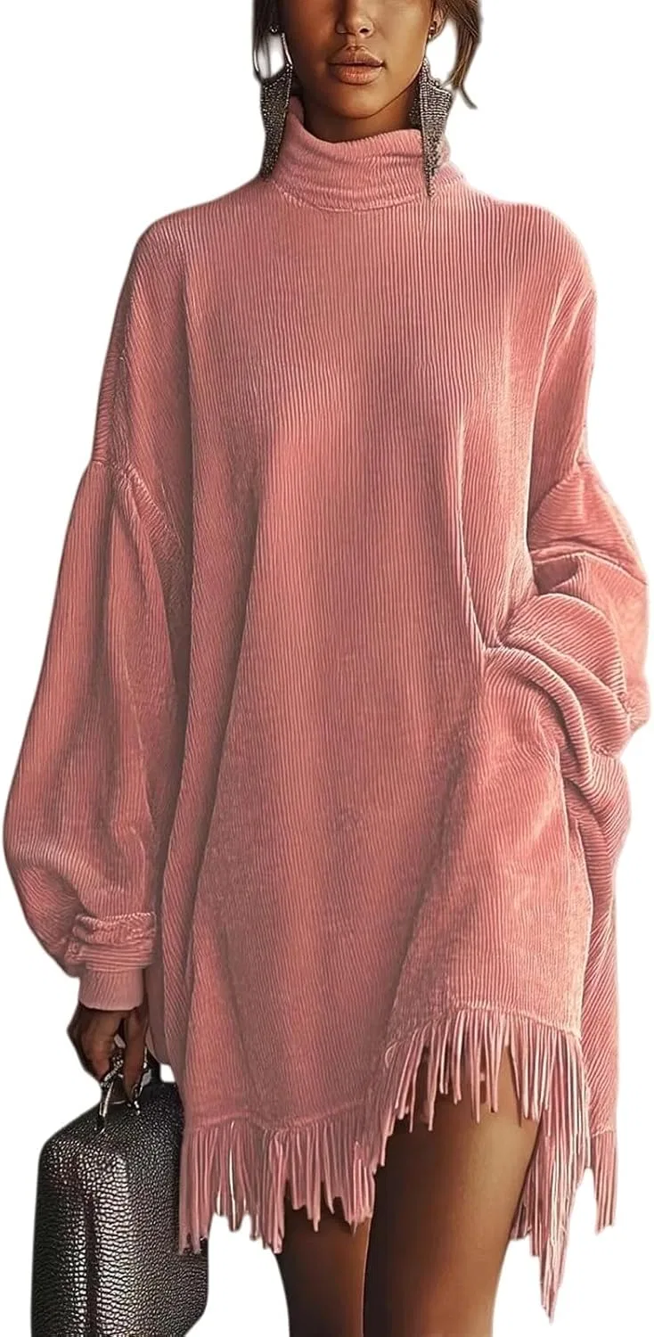 Женское платье из вельвета с воротником-стойкой и бахромой, Oversized, Pink