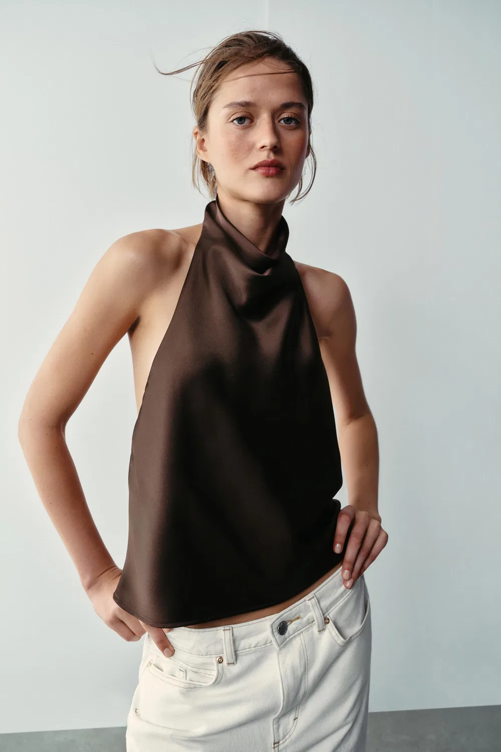 Атласный топ с завязками на шее ZARA, Brown — фото 2