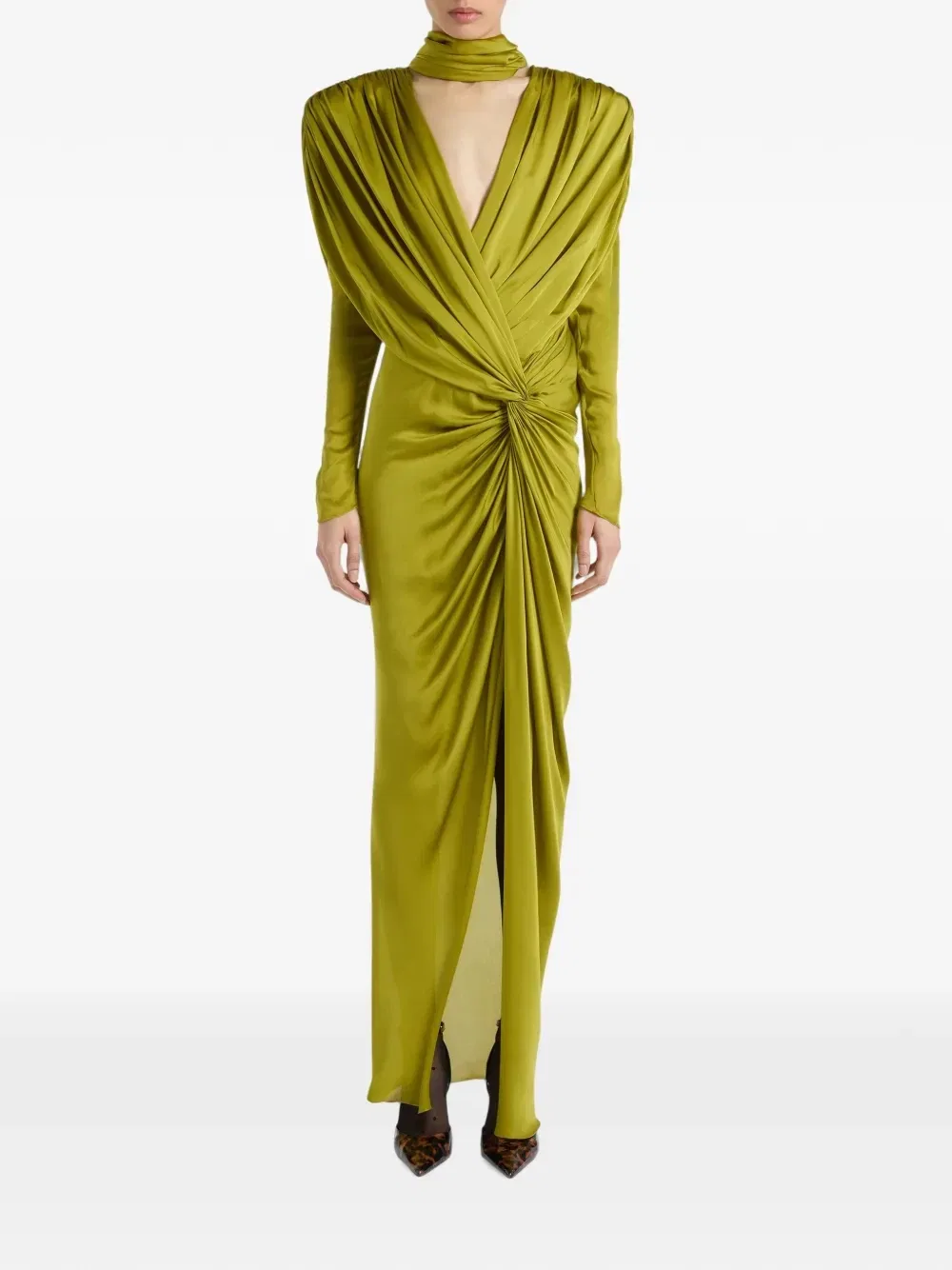 Длинное платье из шелкового шифона Balmain, зеленый