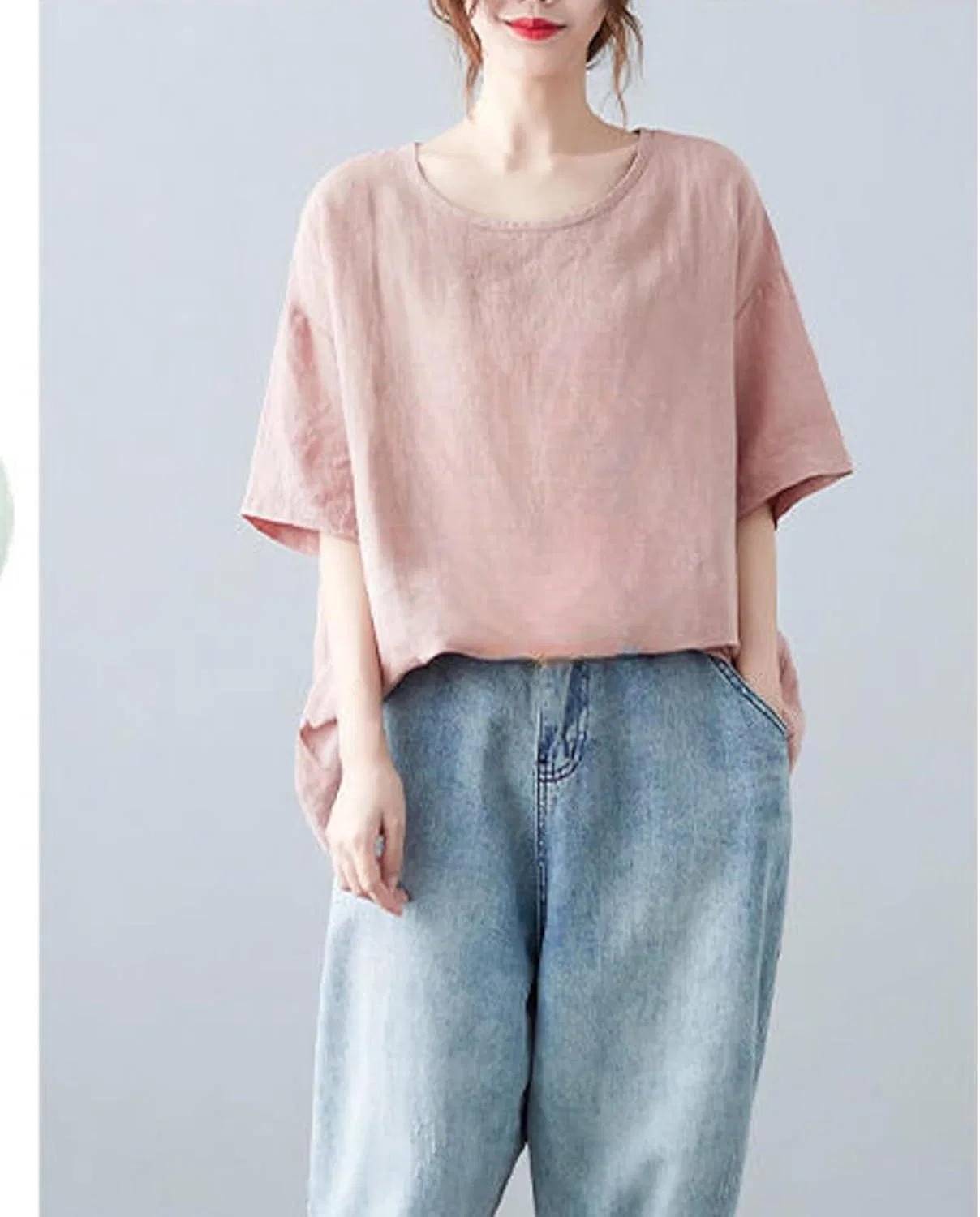 Футболка хлопок-лен, женская, T-Shirt, розовый — фото 3