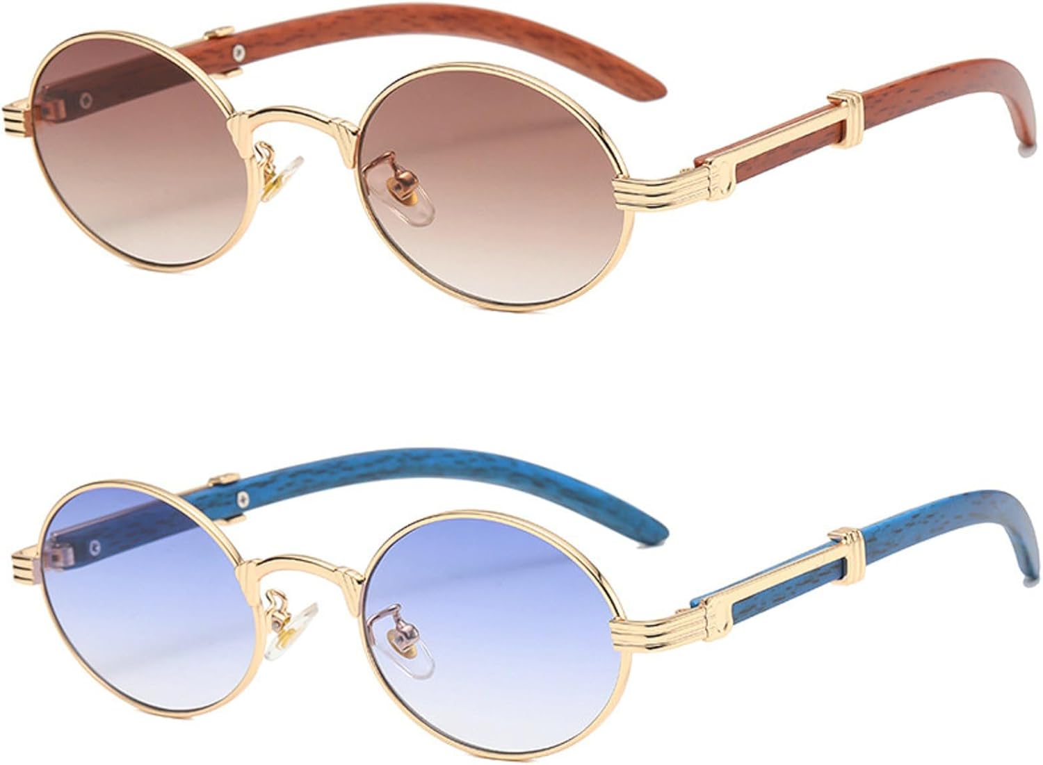 

Солнцезащитные очки в стиле панк, маленькие овальные, 2024 год, для женщин и мужчин, с металлическим градиентом, синие, прозрачные, модные, популярные, деревянные mincl, 2pcs-brown&blue