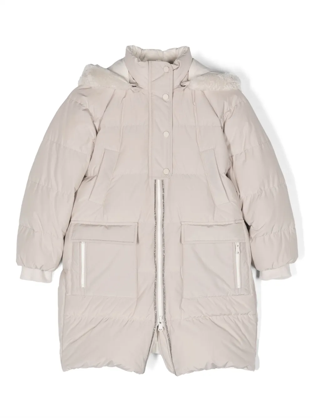 

Пуховик с капюшоном Brunello Cucinelli Kids, светло-бежевый