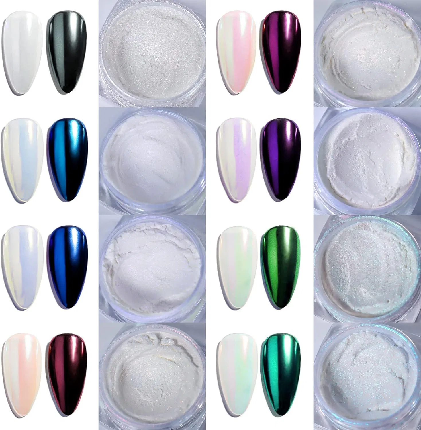 Набор перламутровой втирки для ногтей «White Pearl Chrome» из 8 цветов от Laza Laza, Colorful White — фото 2