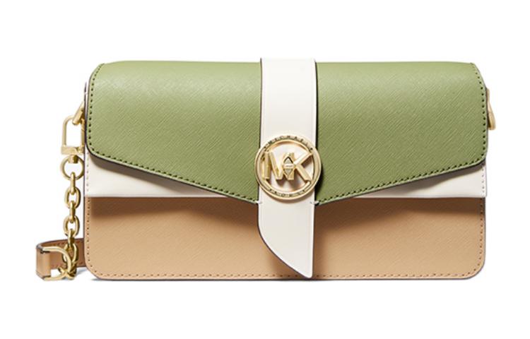

MICHAEL KORS Кожаная сумка через плечо Гринвич среднего размера для женщин в верблюжьем и фруктово-зеленом цвете