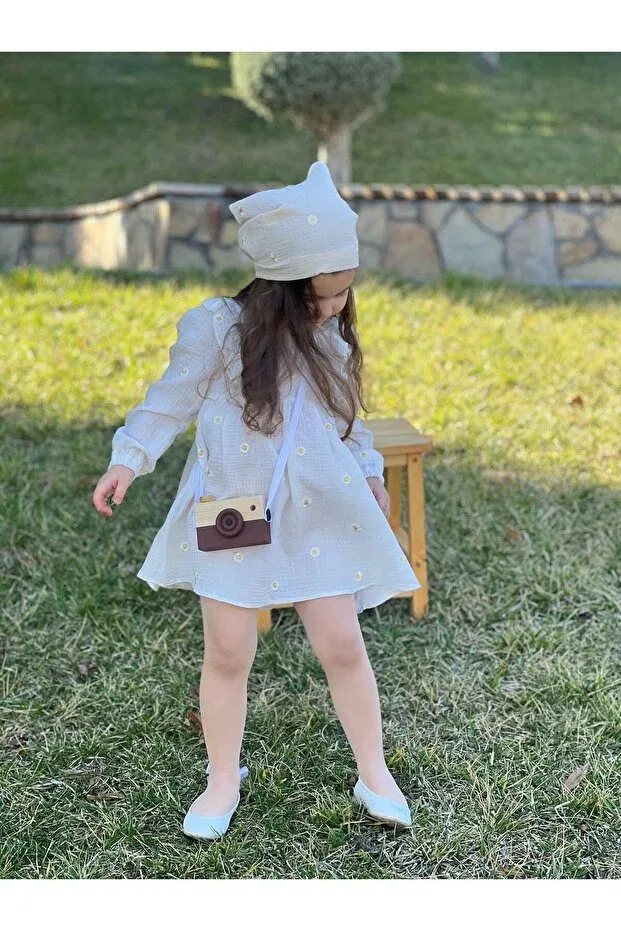 Детское платье для девочек с вышивкой Organic muslin embroidered bohemian dress daisy 1-10 years Meqlife, Ecru — фото 3