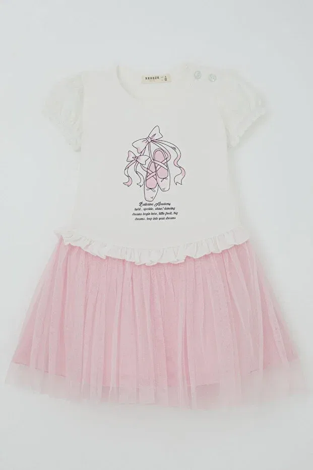 Детское платье для девочек с принтом Ballerina Shoes Printed Waist Part Ruffle Detailed Elastic Sleeves Breeze, Ecru — фото 3