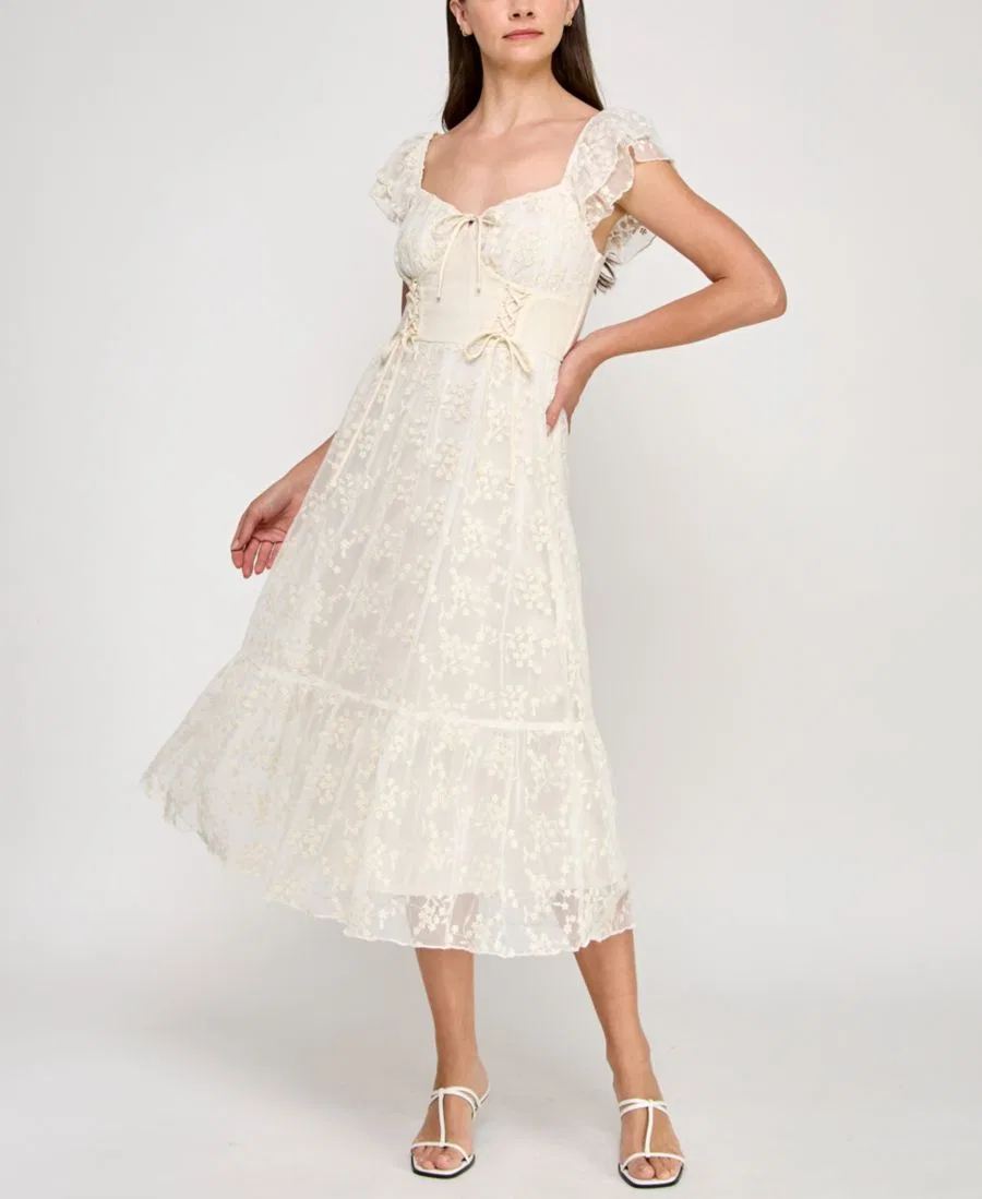 Платье миди с кружевом и рукавами-фонариками, модель Sweetheart-Neck Flutter-Sleeve Lace Midi Dress ROW A, Natural