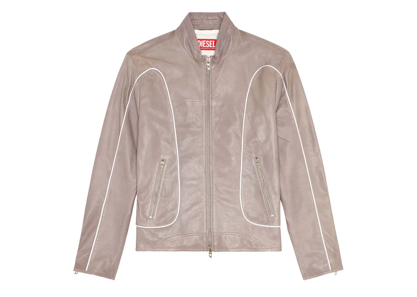 Мужская кожаная куртка-байкер с кантом Diesel Jacket with Piping, Light Grey