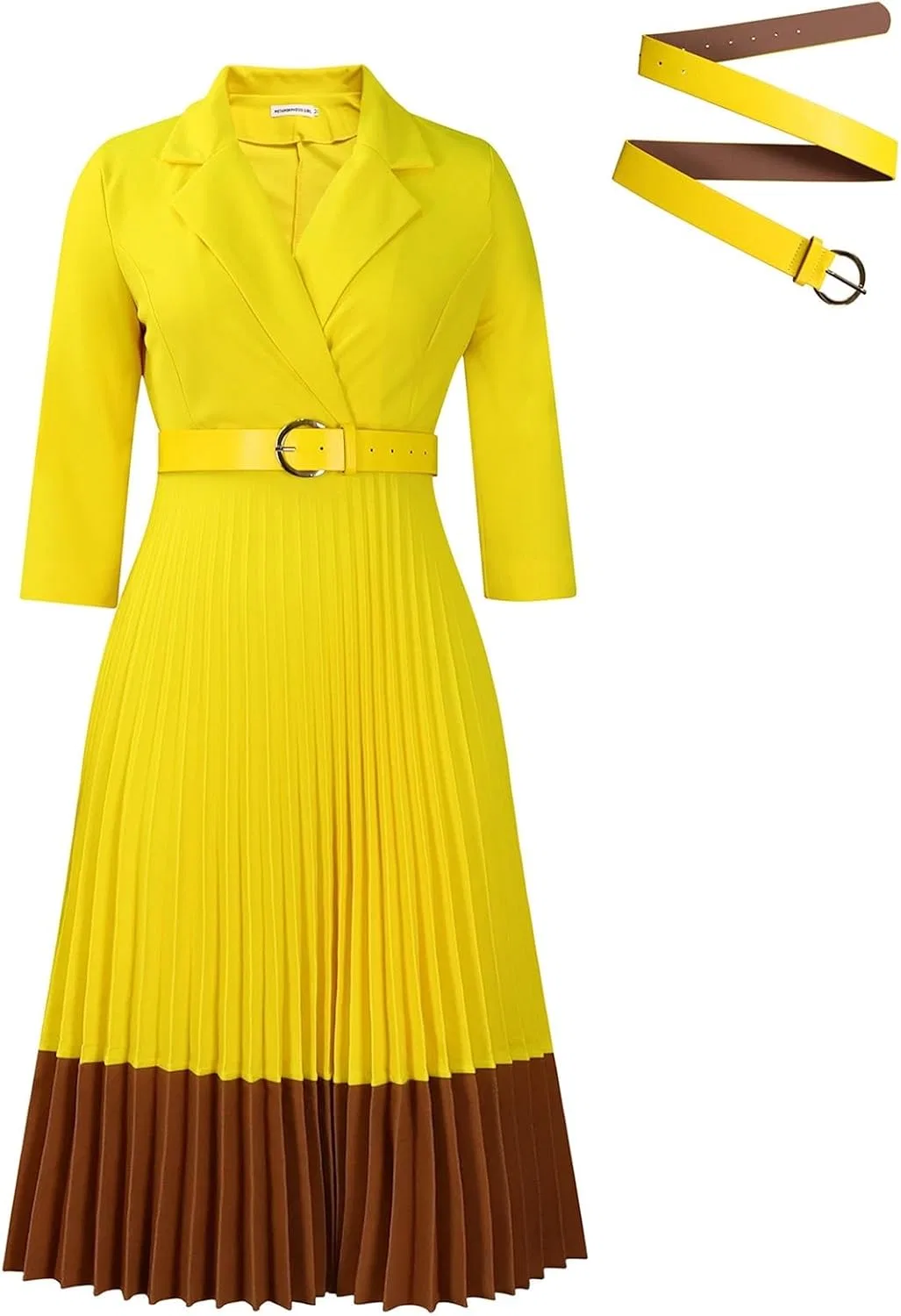 Женское миди-платье с поясом длинным рукавом Generic, Yellow — фото 3