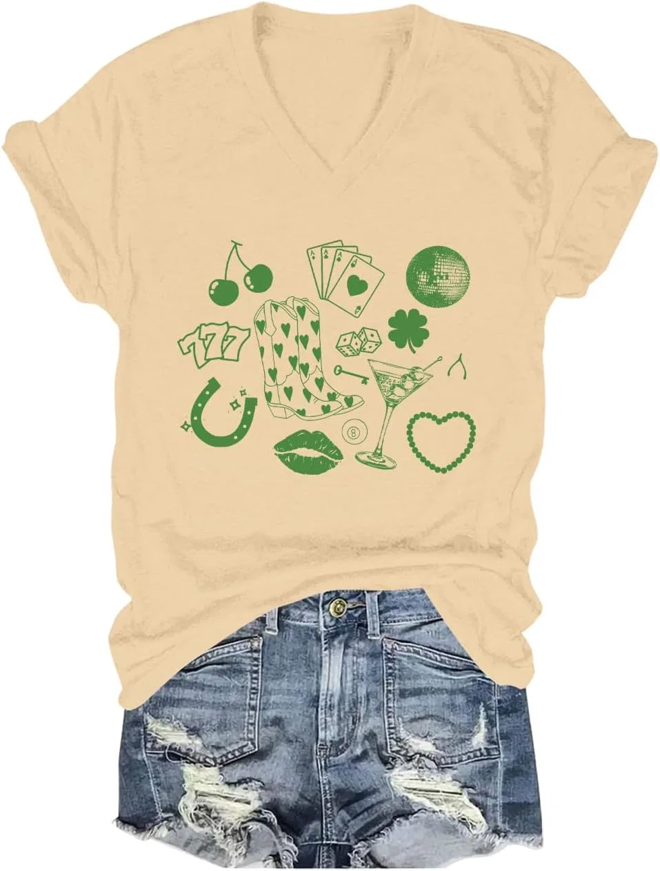 Женская футболка с принтом V-образным вырезом St Patty's Day Cowgirl, Khaki