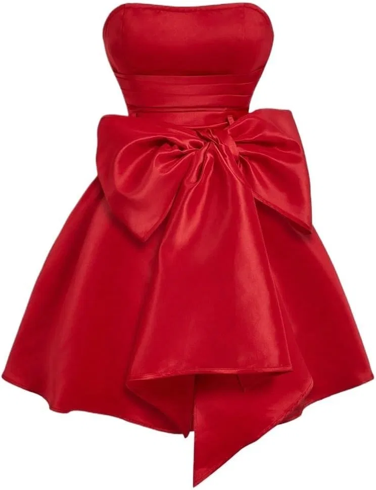 Женское короткое асимметричное платье с бантом, Red