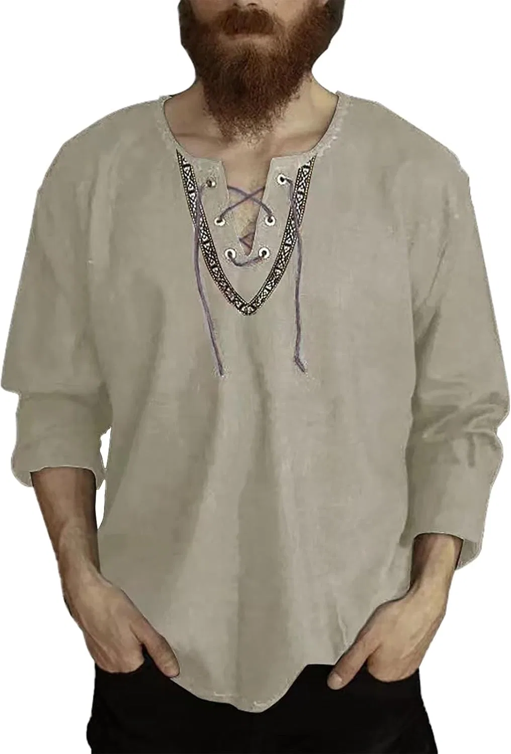 Мужская рубашка из льна и хлопка с кружевной шнуровкой Vintage, Grey