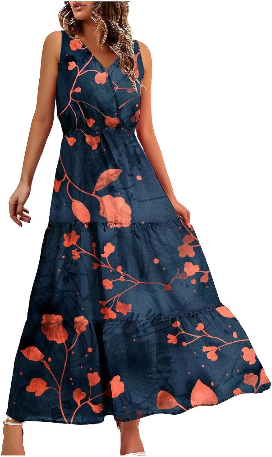 Женское повседневное платье макси с V-образным вырезом, Black/Blue — фото 2