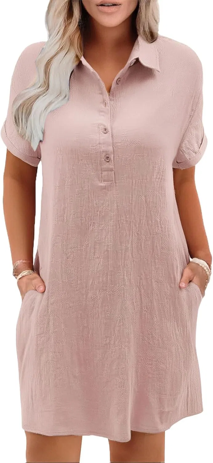 Женское пляжное платье-рубашка из хлопка и льна с коротким рукавом, Pink