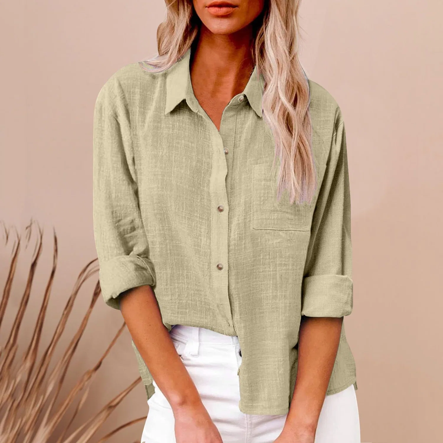 Женская блузка с длинным рукавом из хлопка и льна с карманами, Beige — фото 3
