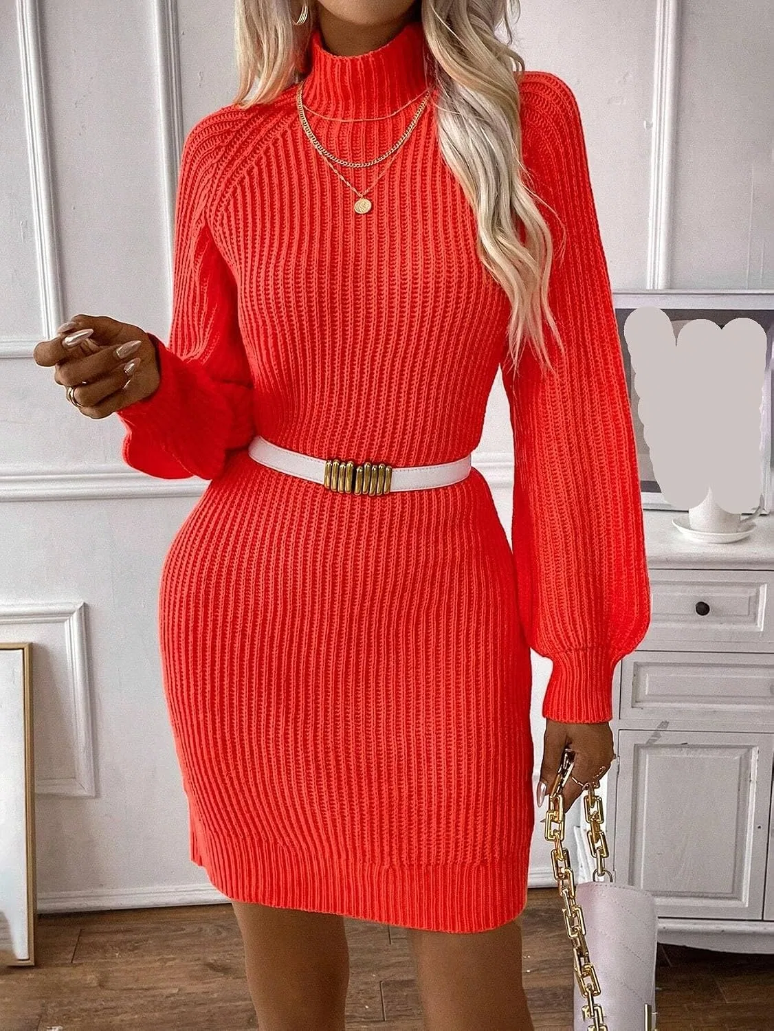 Женское платье-свитер с воротником-стойкой Raglan Sleeve, Orange — фото 4