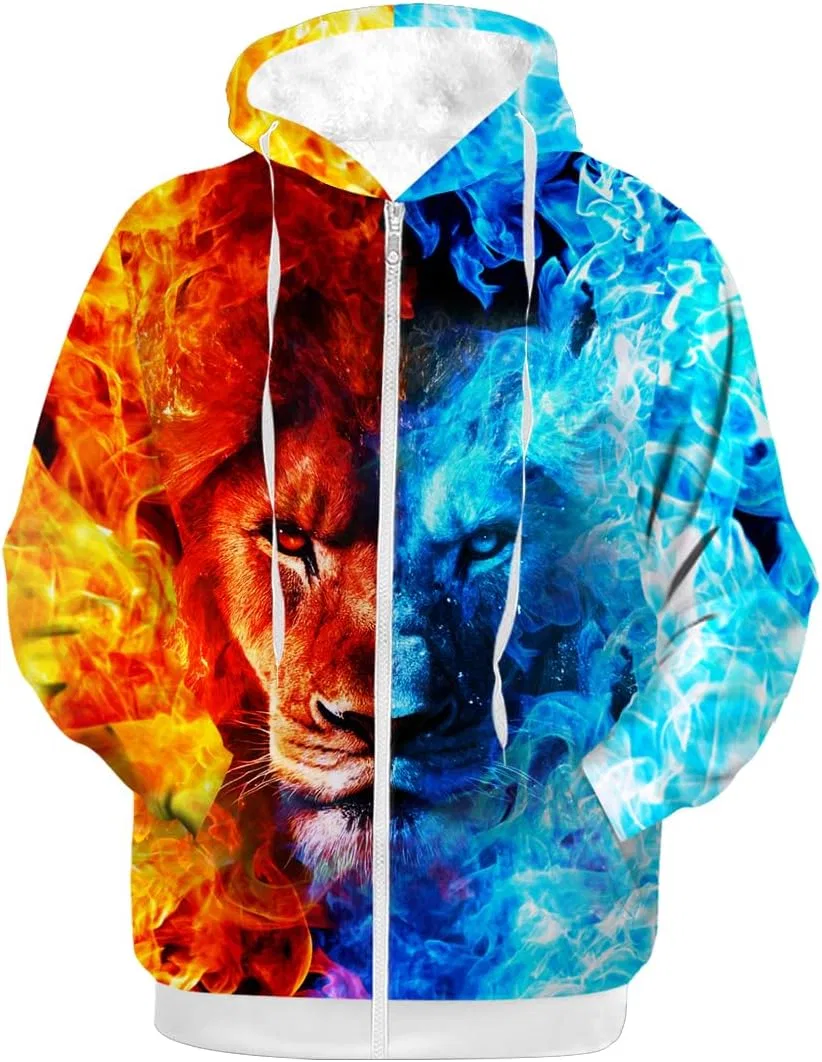 Мужское зимнее пальто с флисовой подкладкой, молнией и капюшоном, Fire Ice, Lion Blue Red