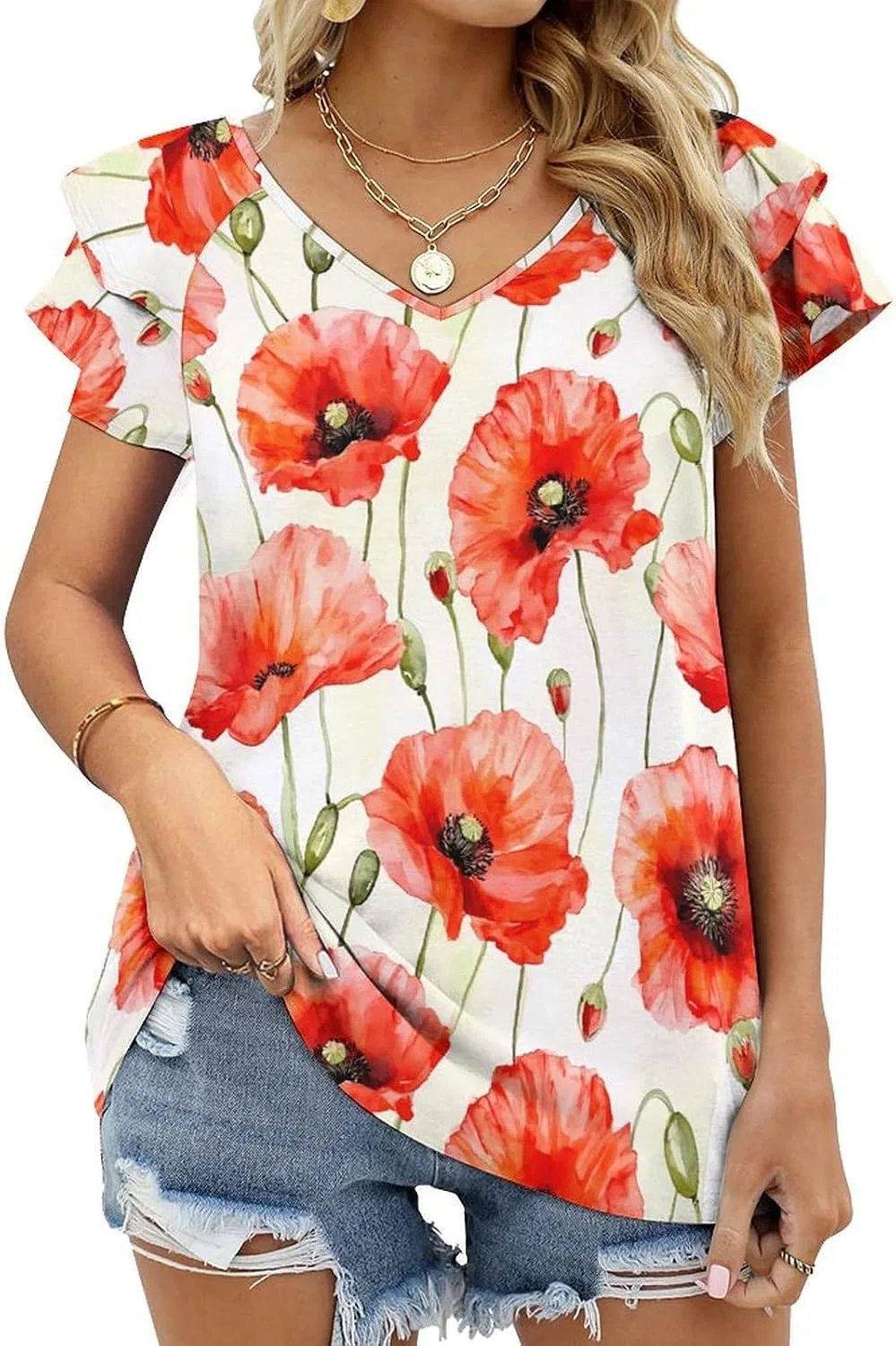 Женская футболка с V-образным вырезом и принтом Red Poppy Flowers Watercolor