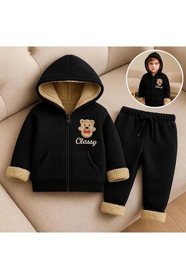 Детский спортивный костюм для девочек с принтом Winter3 yarn-unisex children's k hooded zippered suit - embroidered teddy bear, furry inside Classy Moda, Black