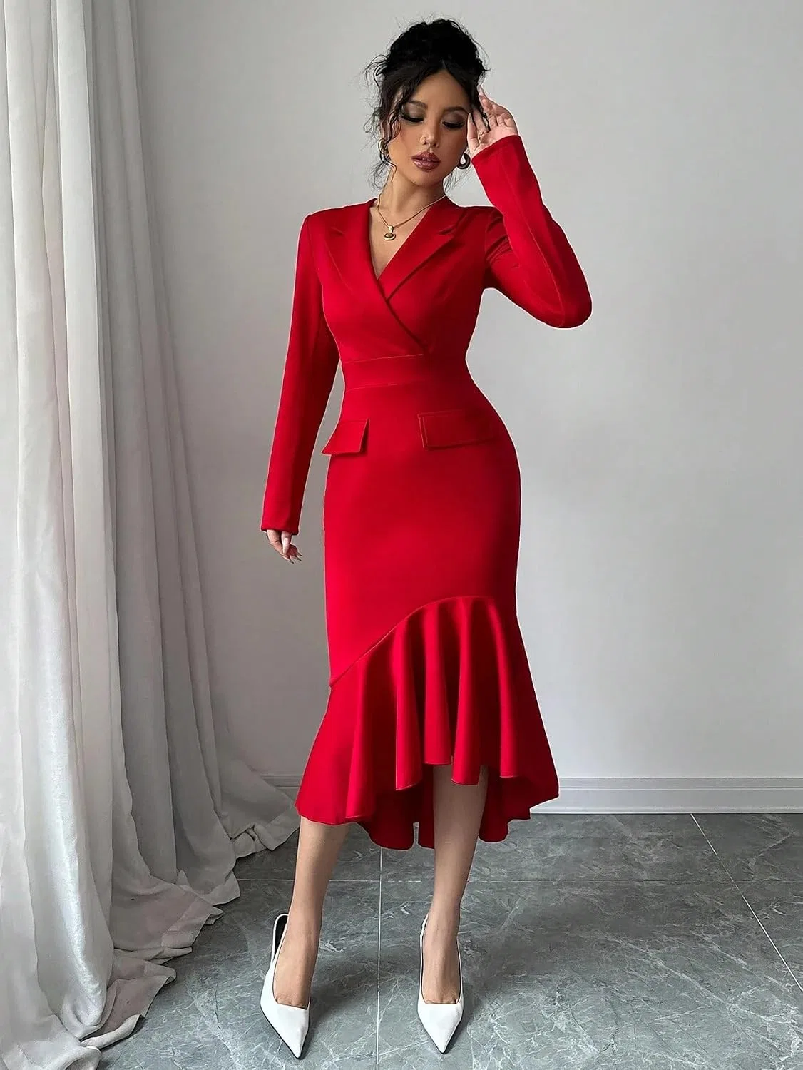 Женское платье миди с асимметричным подолом, Red — фото 3