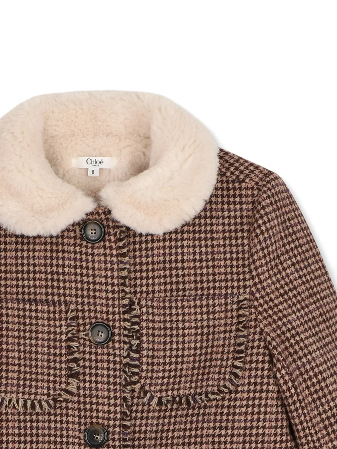 Пальто в ломаную клетку с бахромой Chloé Kids, коричневый — фото 3