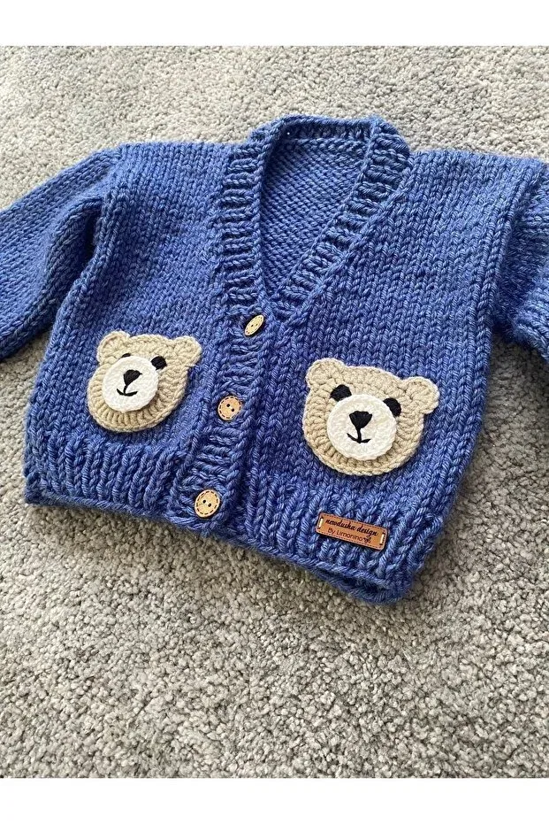 Детский кардиган с принтом Hand Knitted Cute Teddy Bear Detailed Boy's Cardigan Nevalin, Navy Blue