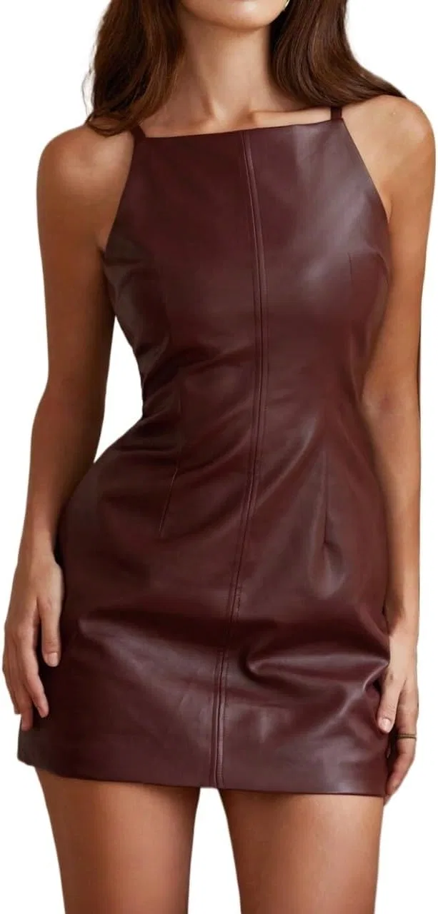 Женское мини-платье на бретелях PU Leather, Red