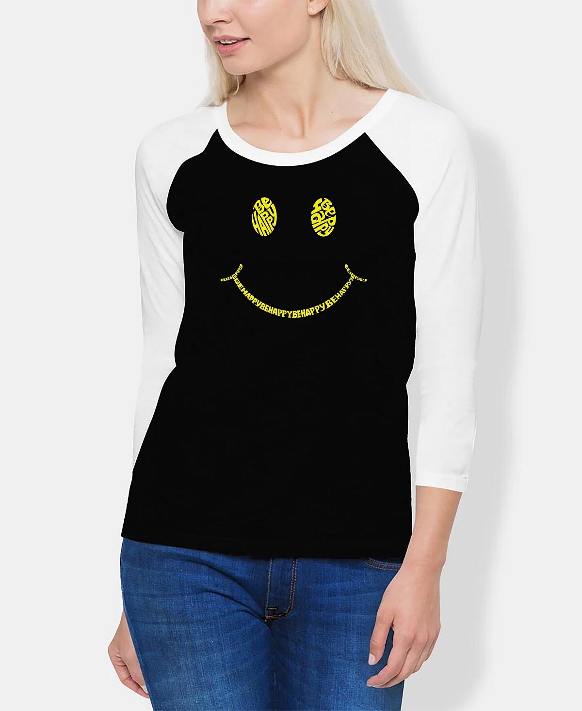 

Женская футболка реглан be happy smiley face word art LA Pop Art, черно-белый