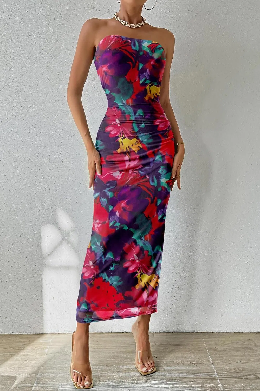 Женское летнее макси-платье bodycon с принтом Strapless Tube Top, Navy Red Big Floral — фото 3